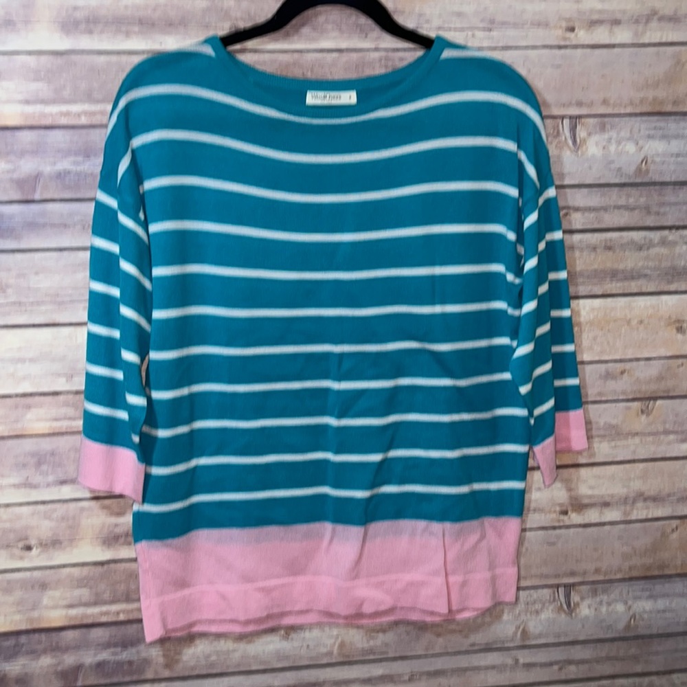 WoolOvers Merino Wool Pink Green Striped Sweater size Small A1